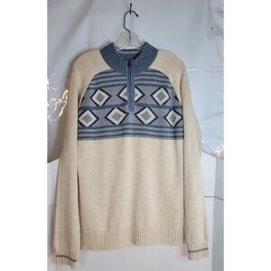 Ecoths M Cardigan Sweater NEW casual beachy lightweight‎ beige/blue Argyle print